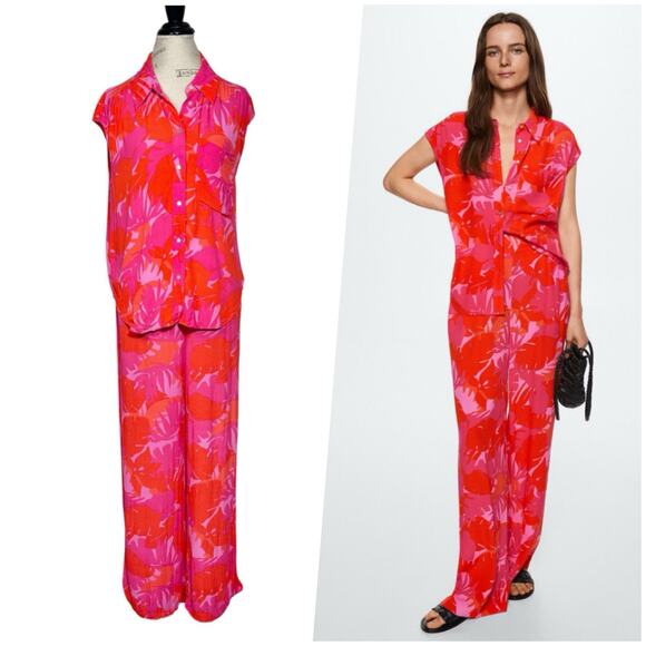 MNG | Women | Pink Tropical Botanical Sleeveless Top Pant Matching Set | Medium - Picture 1 of 15
